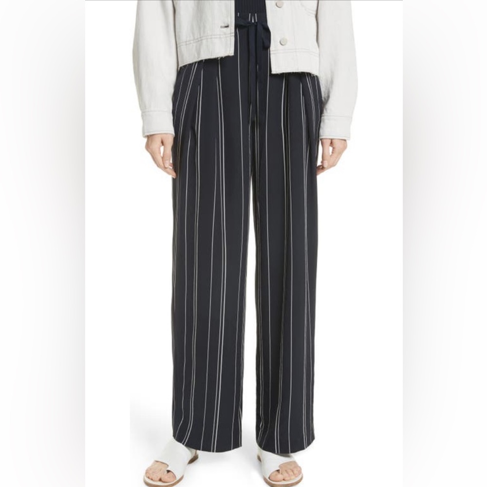 Vince Striped Wide Leg Pants Tie Front Silk Coastal Blue Small